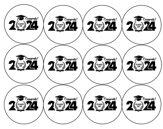 Set of 12 "2024 graduation" pre cut edible image discs for desserts, drink toppers, choose your size