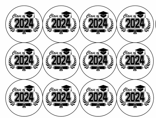 Set of 12 "2024 Graduation" pre cut edible image discs for desserts, drink toppers, choose your size