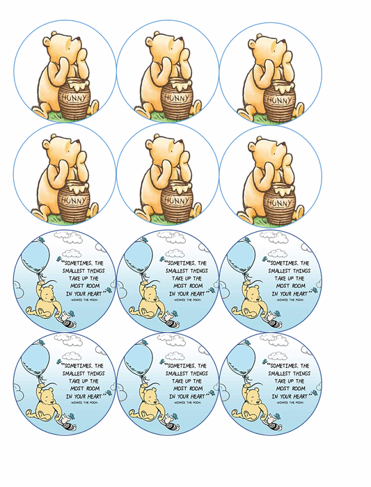 Set of 12 "Winnie the Pooh" pre cut edible image discs for desserts, drink toppers, choose your size