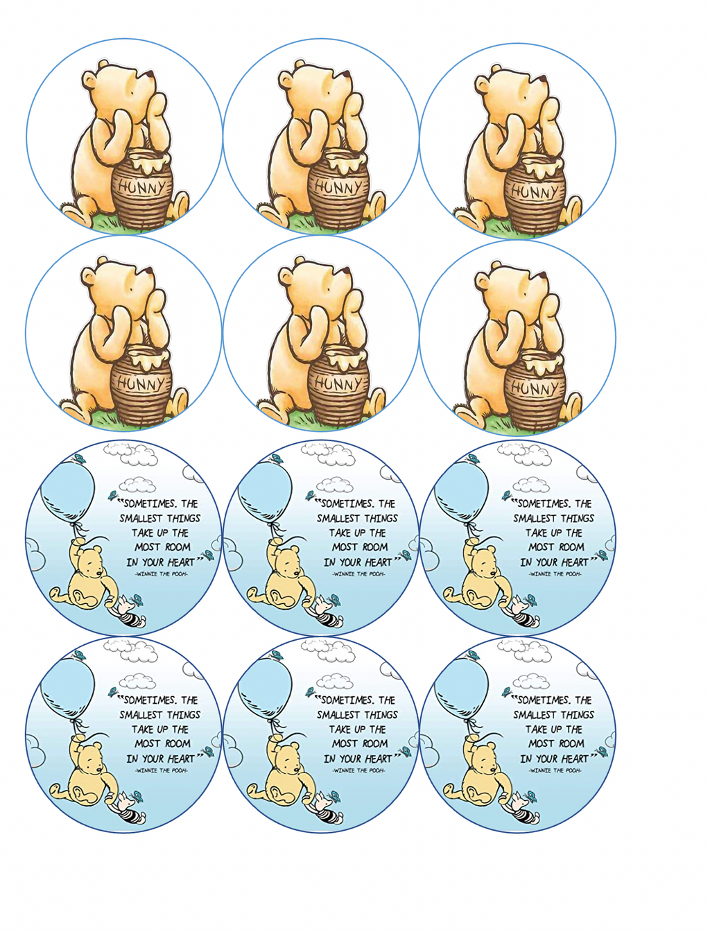 Set of 12 "Winnie the Pooh" pre cut edible image discs for desserts, drink toppers, choose your size