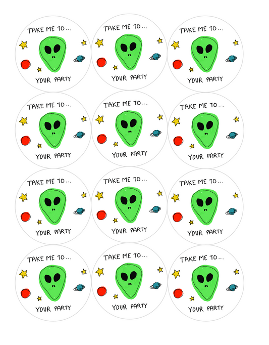 Set of 12 "Take me to your party" Alien, pre cut edible image discs for desserts, drink toppers, choose your size