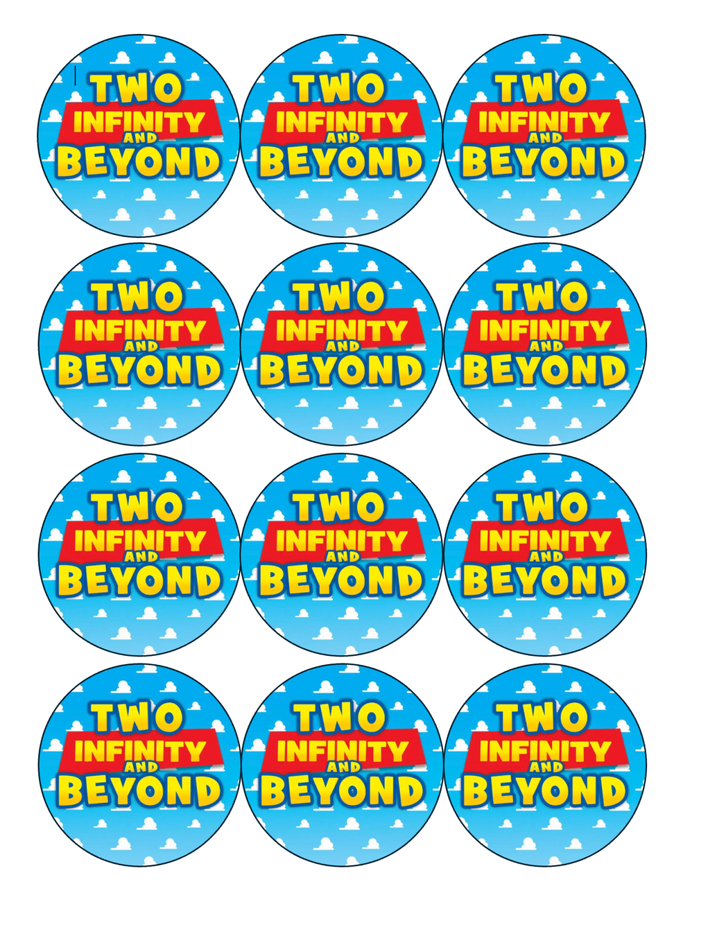 Set of 12 "Two Infinity and Beyond, 2nd Birthday, Toy Story" pre cut edible image discs for desserts, drink toppers, choose your size