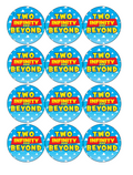 Set of 12 "Two Infinity and Beyond, 2nd Birthday, Toy Story" pre cut edible image discs for desserts, drink toppers, choose your size