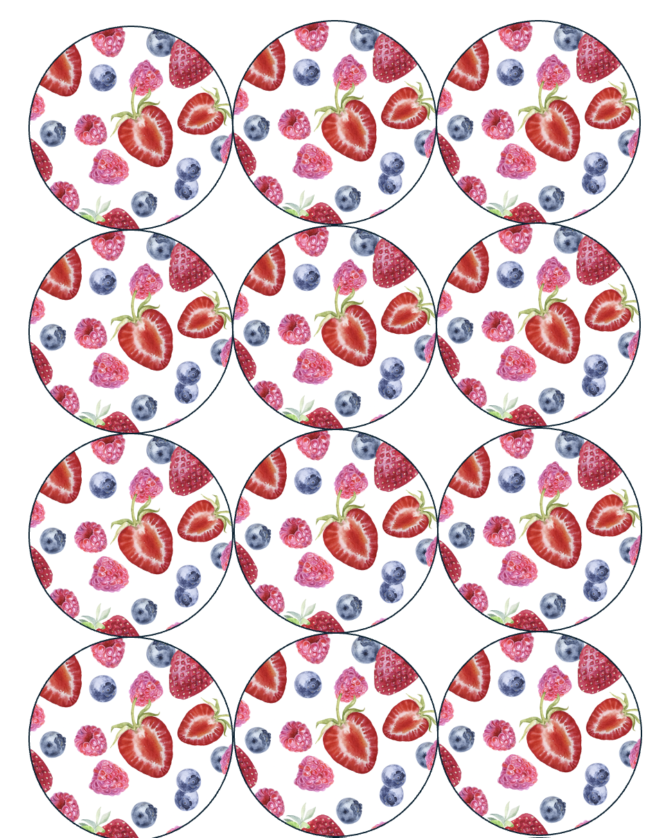 Set of 12 "Summer Berries Picnic" pre cut edible image discs for desserts, drink toppers, choose your size