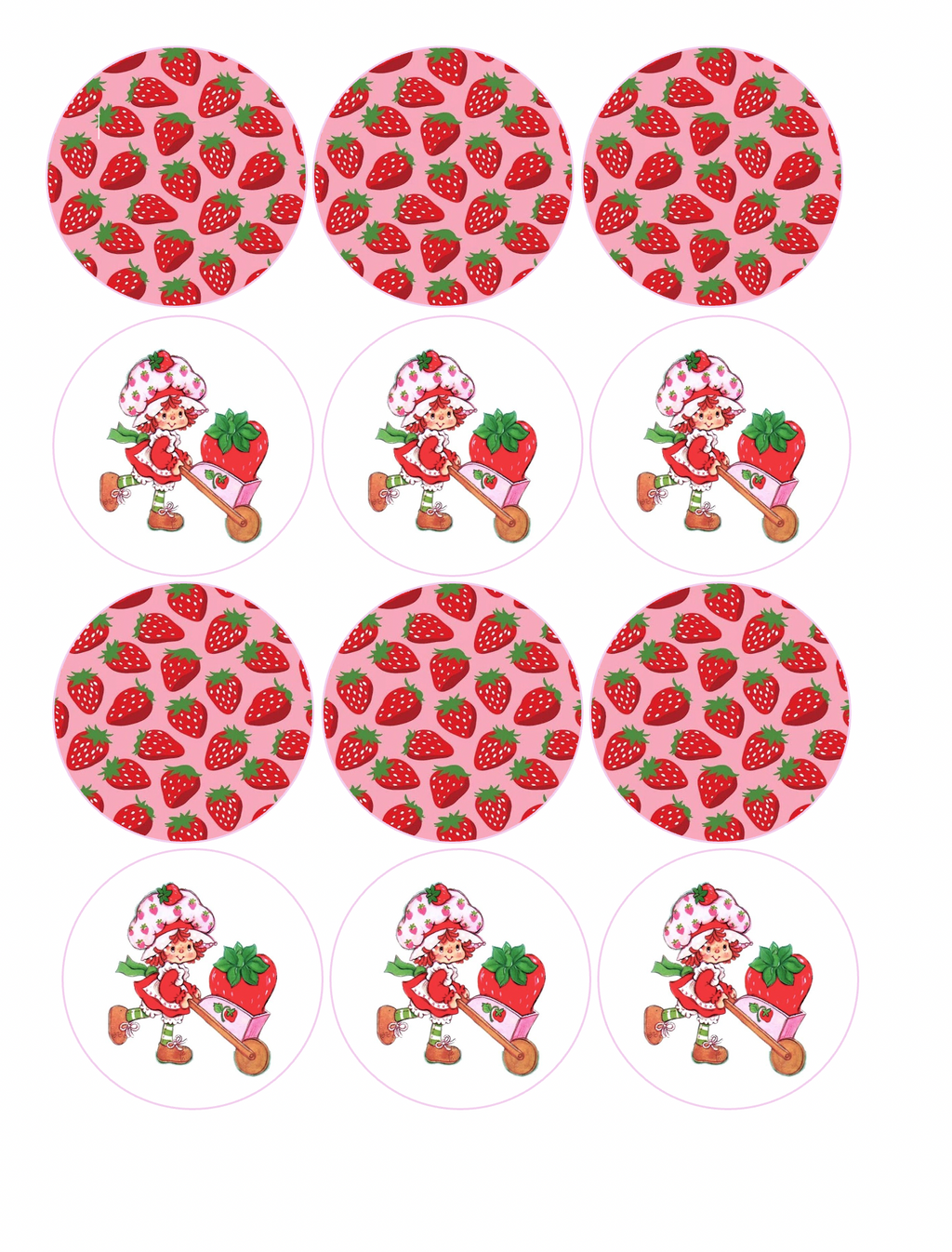 Set of 12 "Strawberry Shortcake" pre cut edible image discs for desserts, drink toppers, choose your size