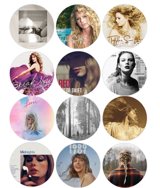 Set of 12 "Taylor Swift Albums" pre cut edible image discs for desserts, drink toppers, choose your size