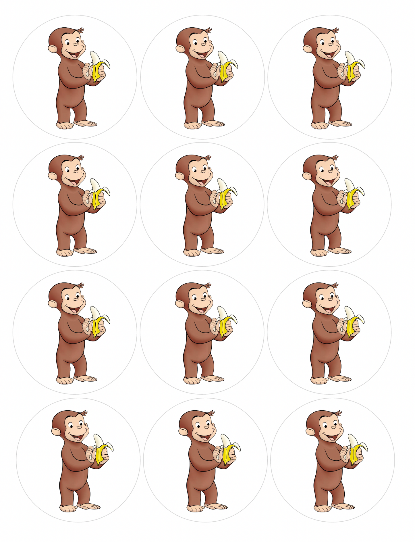 Set of 12 "curious george" pre cut edible image discs for desserts, drink toppers, choose your size