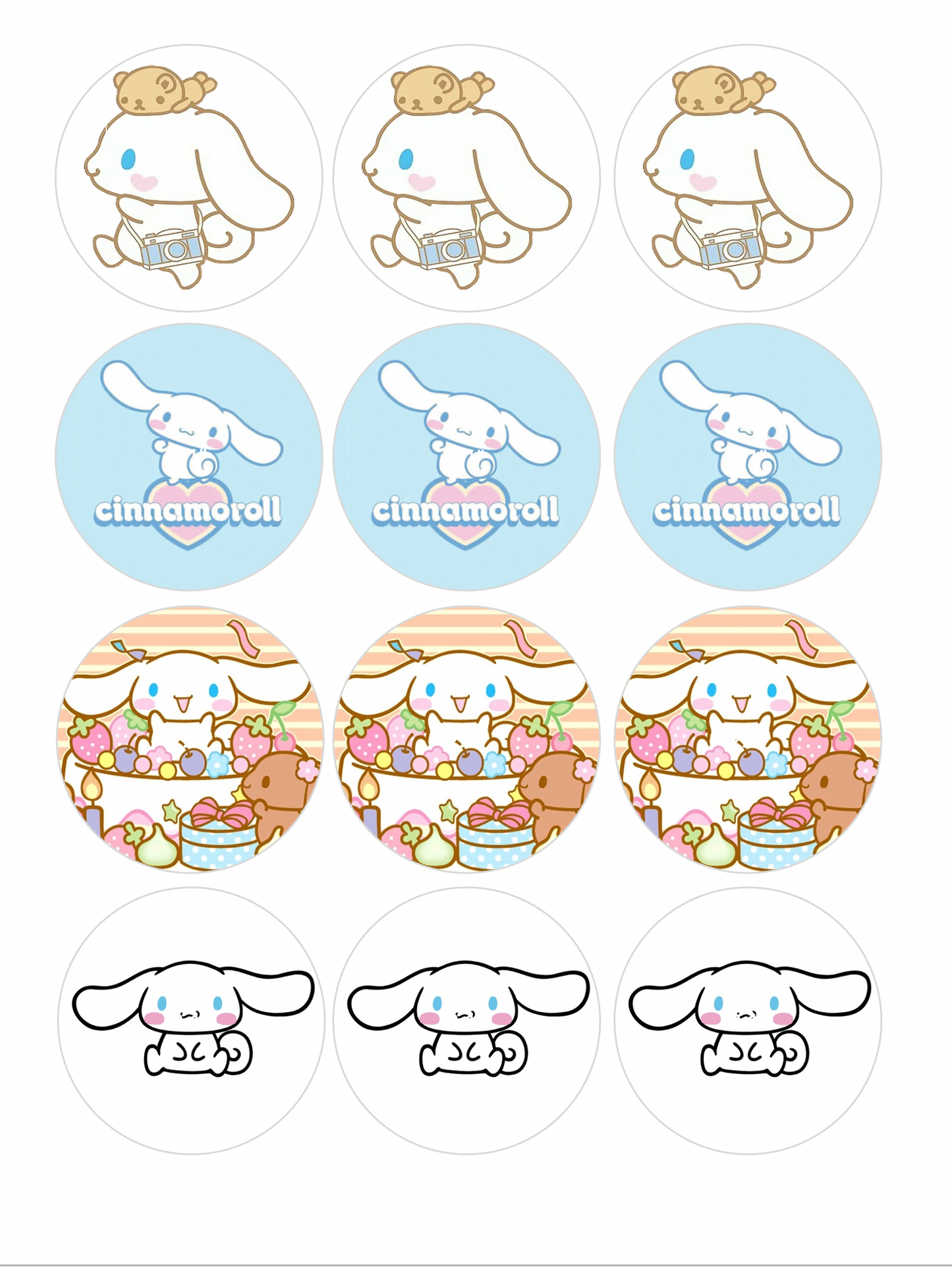 Set of 12 "Cinnamoroll" pre cut edible image discs for desserts, drink toppers, choose your size