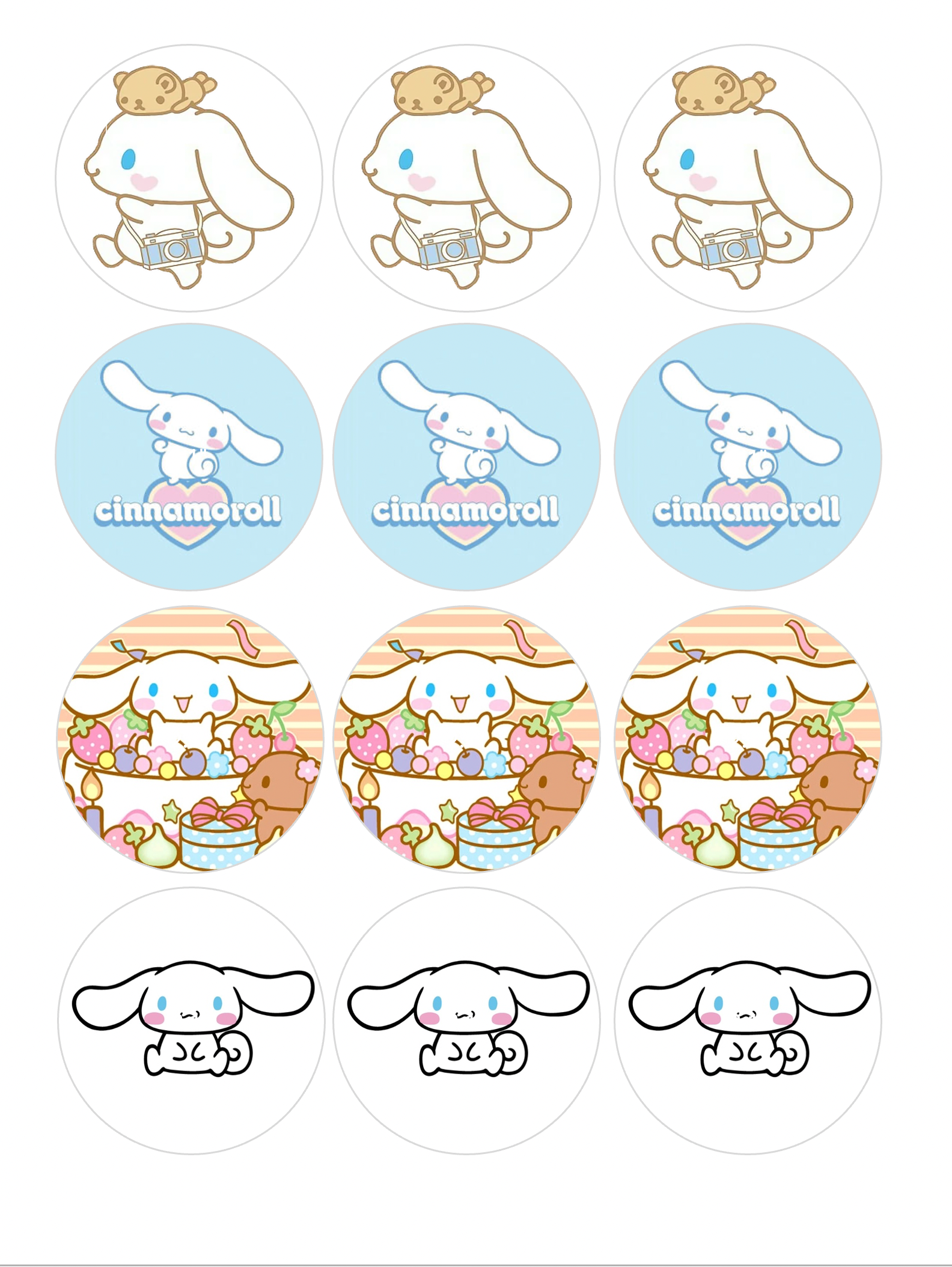 Set of 12 "Cinnamoroll" pre cut edible image discs for desserts, drink toppers, choose your size