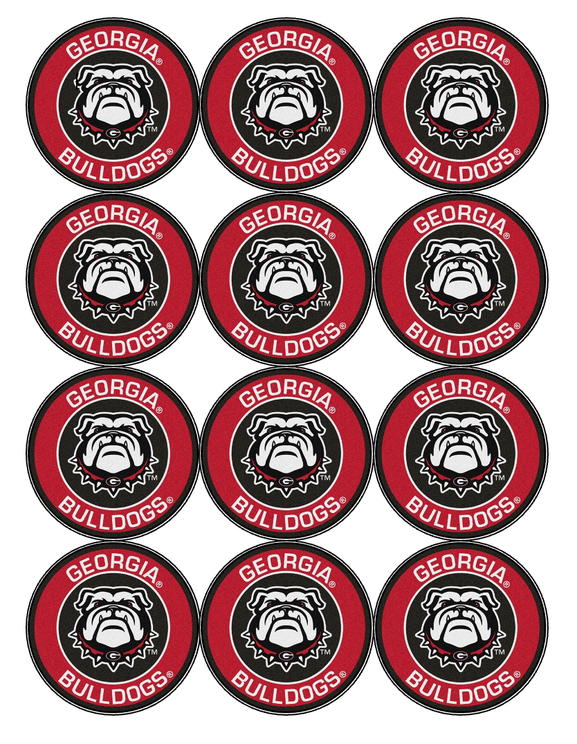 Set of 12 "Georgia Bulldogs" pre cut edible image discs for desserts, drink toppers, choose your size (Copy)