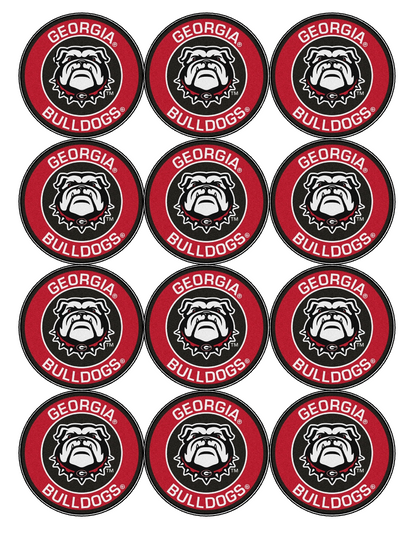 Set of 12 "Georgia Bulldogs" pre cut edible image discs for desserts, drink toppers, choose your size (Copy)