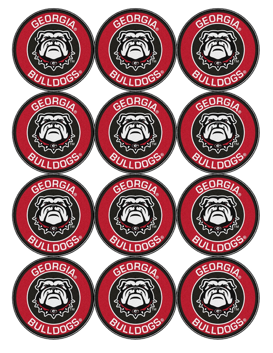 Set of 12 "Georgia Bulldogs" pre cut edible image discs for desserts, drink toppers, choose your size (Copy)