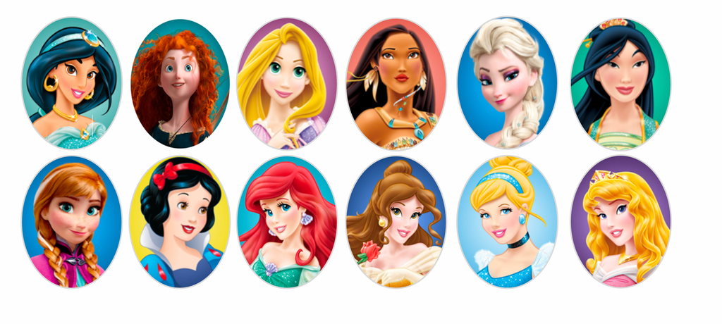 Set of 12 "Princess Mix" edible image OVALS for chocolate frames, choose your size