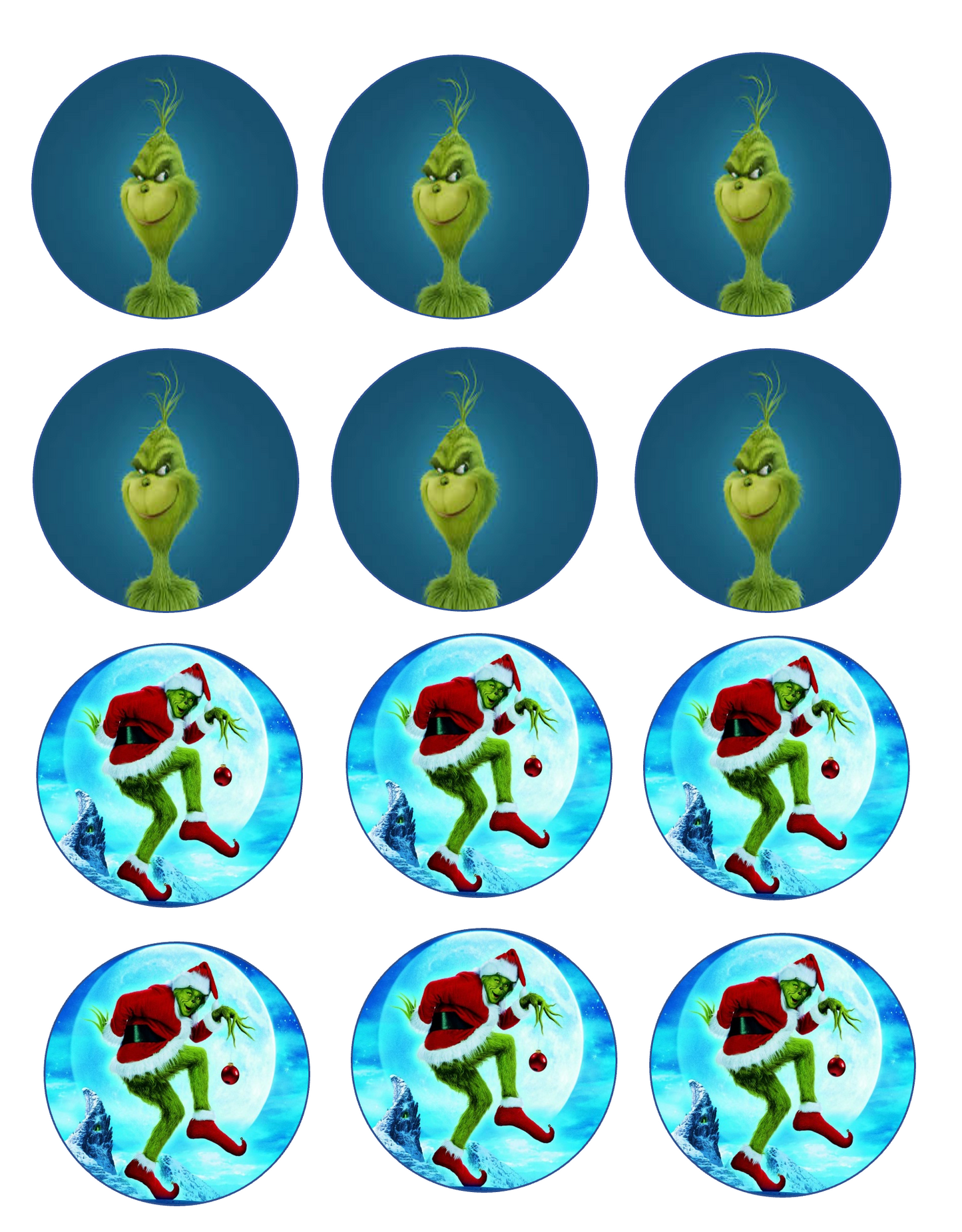 Set of 12 "Grinch" pre cut edible image discs for desserts, drink toppers, choose your size (Copy)