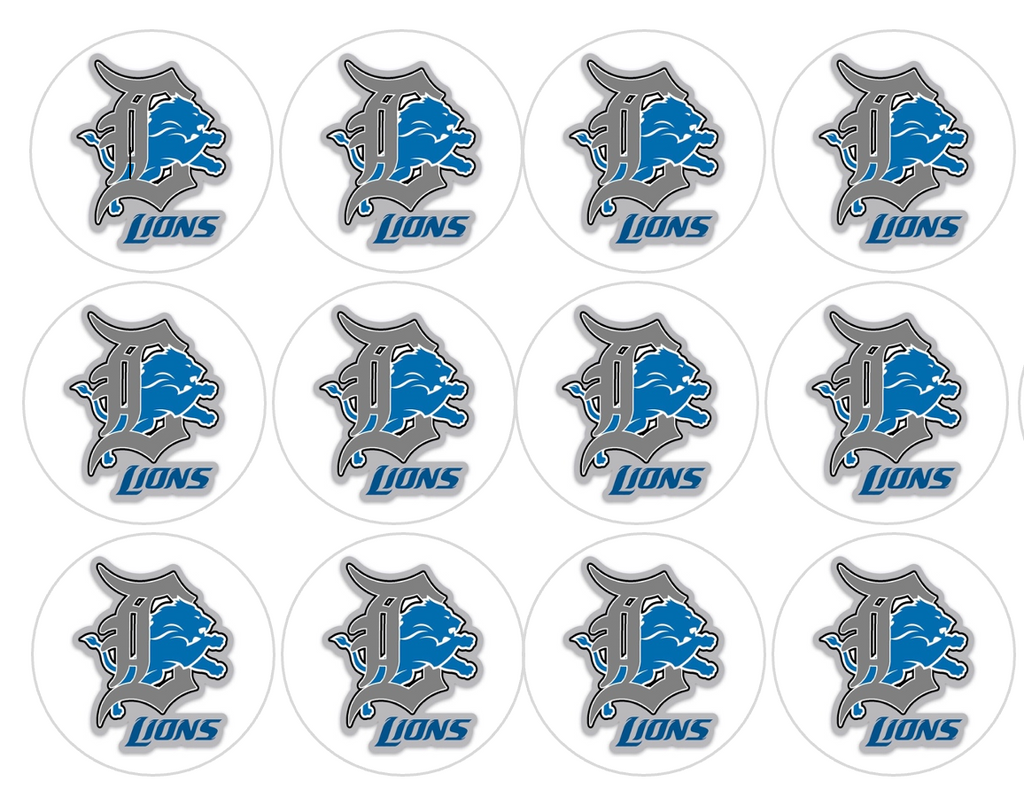 Set of 12 "Detroit Lions Football" pre cut edible image discs for desserts, drink toppers, choose your size