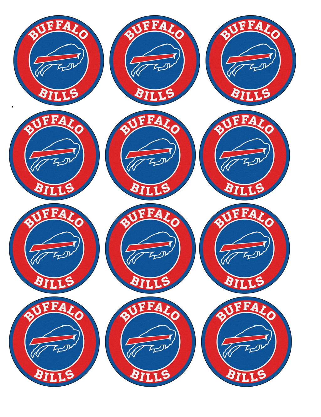 Set of 12 "Buffalo Bills Football" pre cut edible image discs for desserts, drink toppers, choose your size