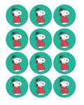 Set of 12 "Snoopy Christmas" pre cut edible image discs for desserts, drink toppers, choose your size