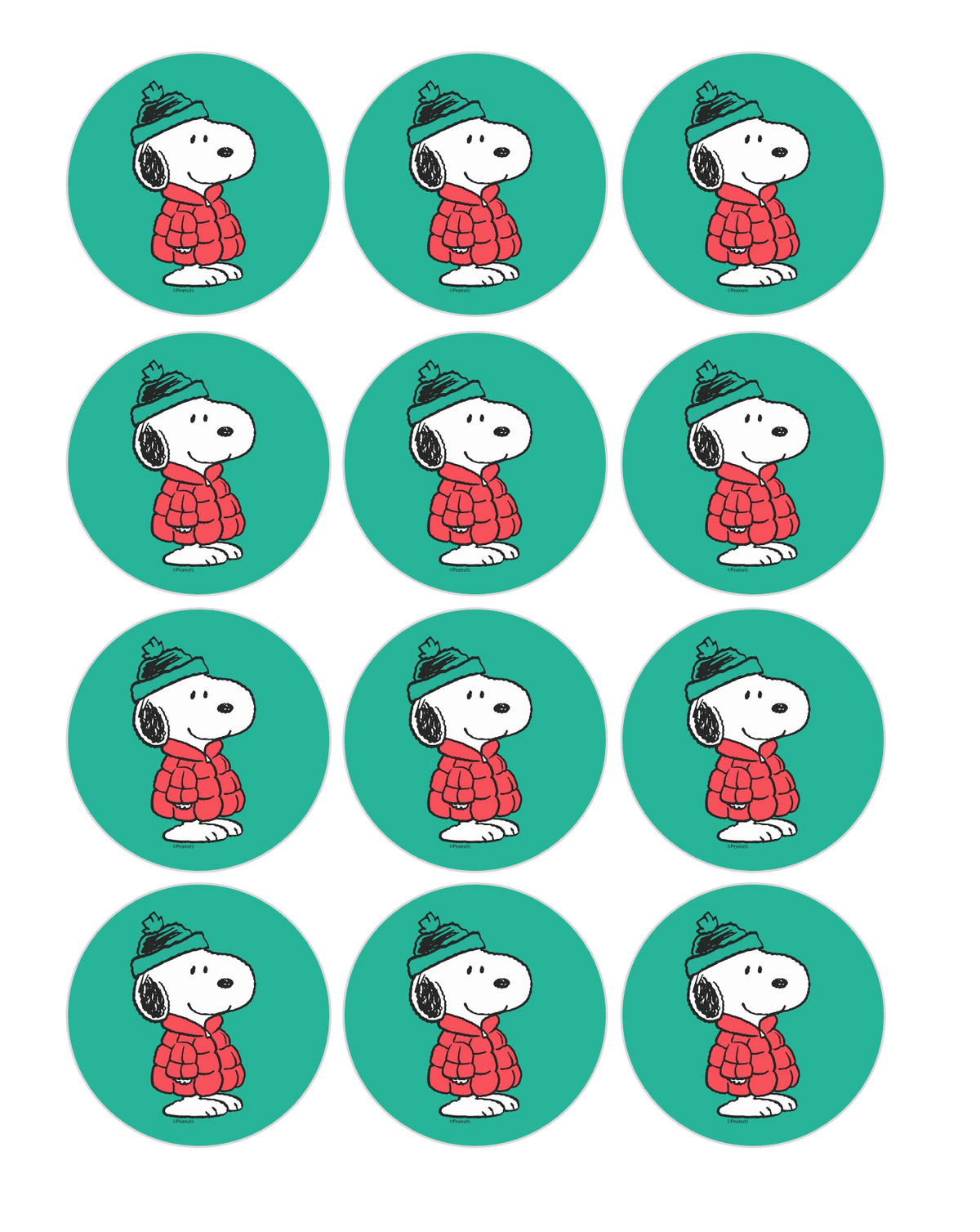 Set of 12 "Snoopy Christmas" pre cut edible image discs for desserts, drink toppers, choose your size
