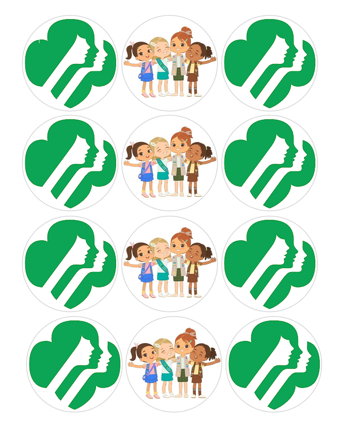 Set of 12 "Girl Scouts" pre cut edible image discs for desserts, drink toppers, choose your size