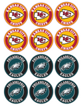 Set of 12 "SUPER BOWL LIX CHEIFS AND EAGLES" pre cut edible image discs for desserts, drink toppers, choose your size