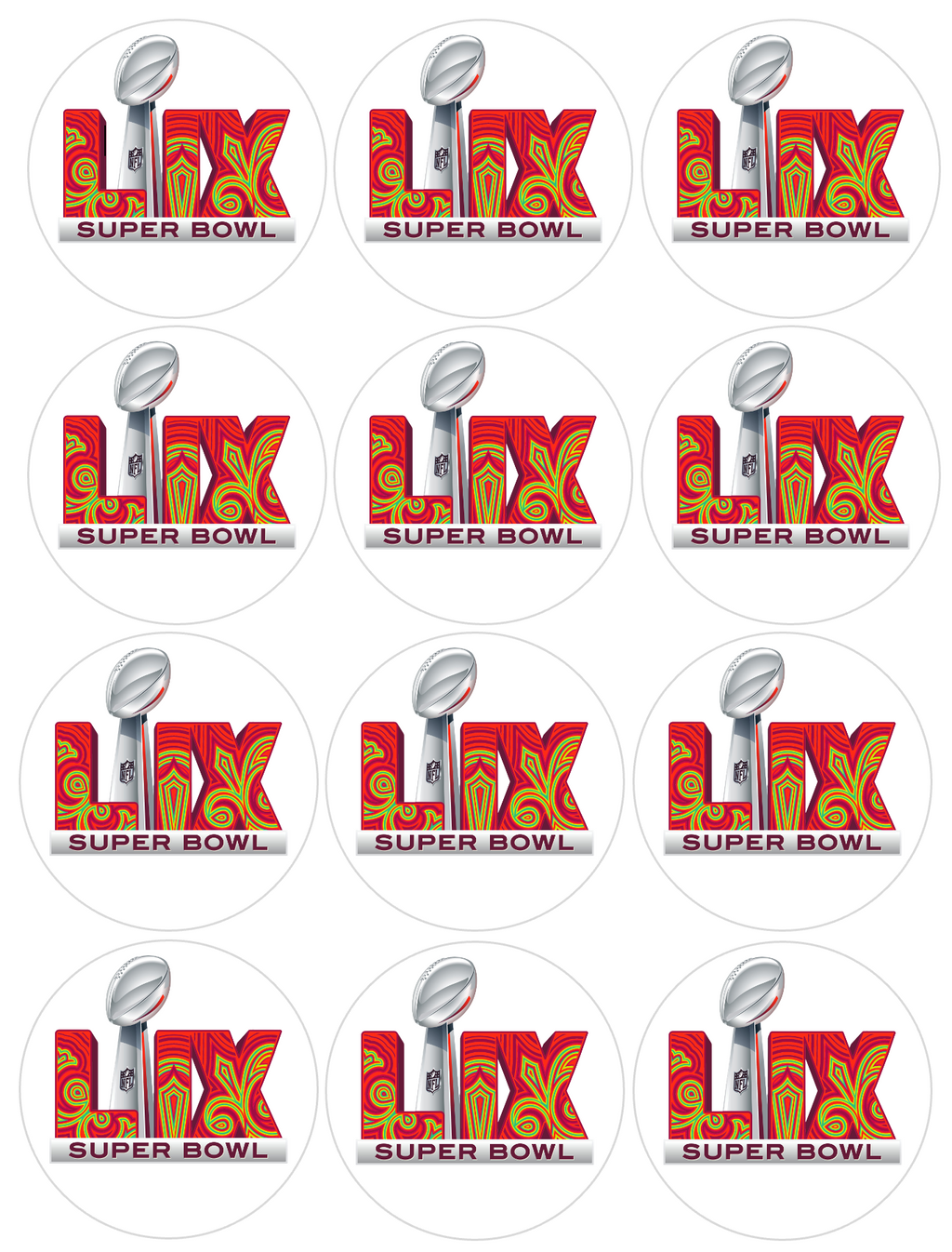 Set of 12 "SUPER BOWL LIX CHEIFS AND EAGLES" pre cut edible image discs for desserts, drink toppers, choose your size