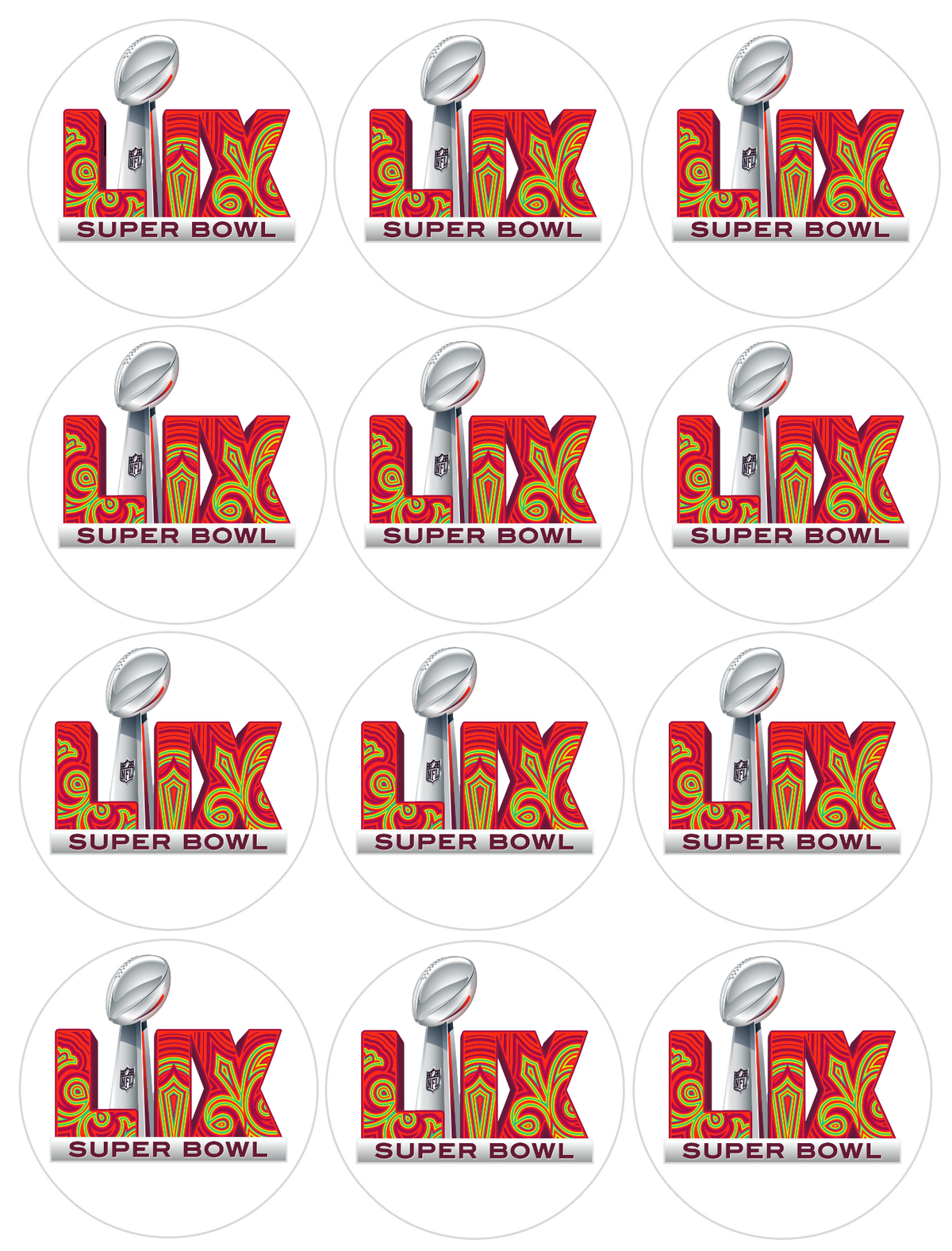 Set of 12 "SUPER BOWL LIX CHEIFS AND EAGLES" pre cut edible image discs for desserts, drink toppers, choose your size