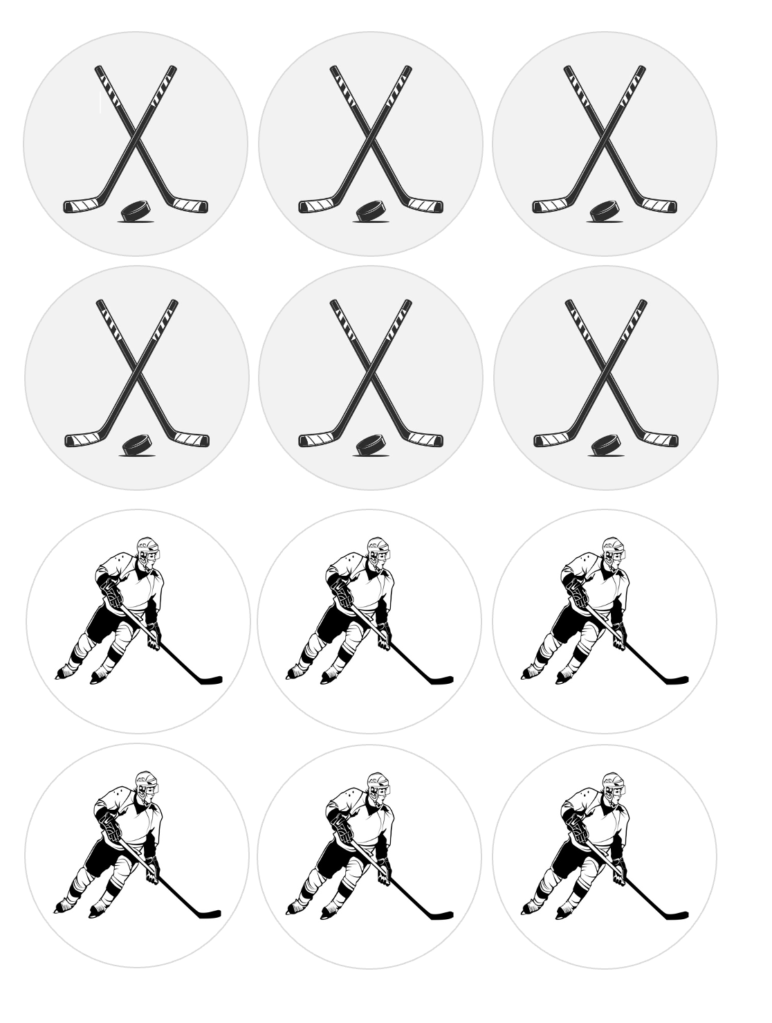 Set of 12 "Hockey" pre cut edible image discs for desserts, drink toppers, choose your size