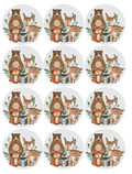 Set of 12 "Woodland Animals" pre cut edible image discs for desserts, drink toppers, choose your size