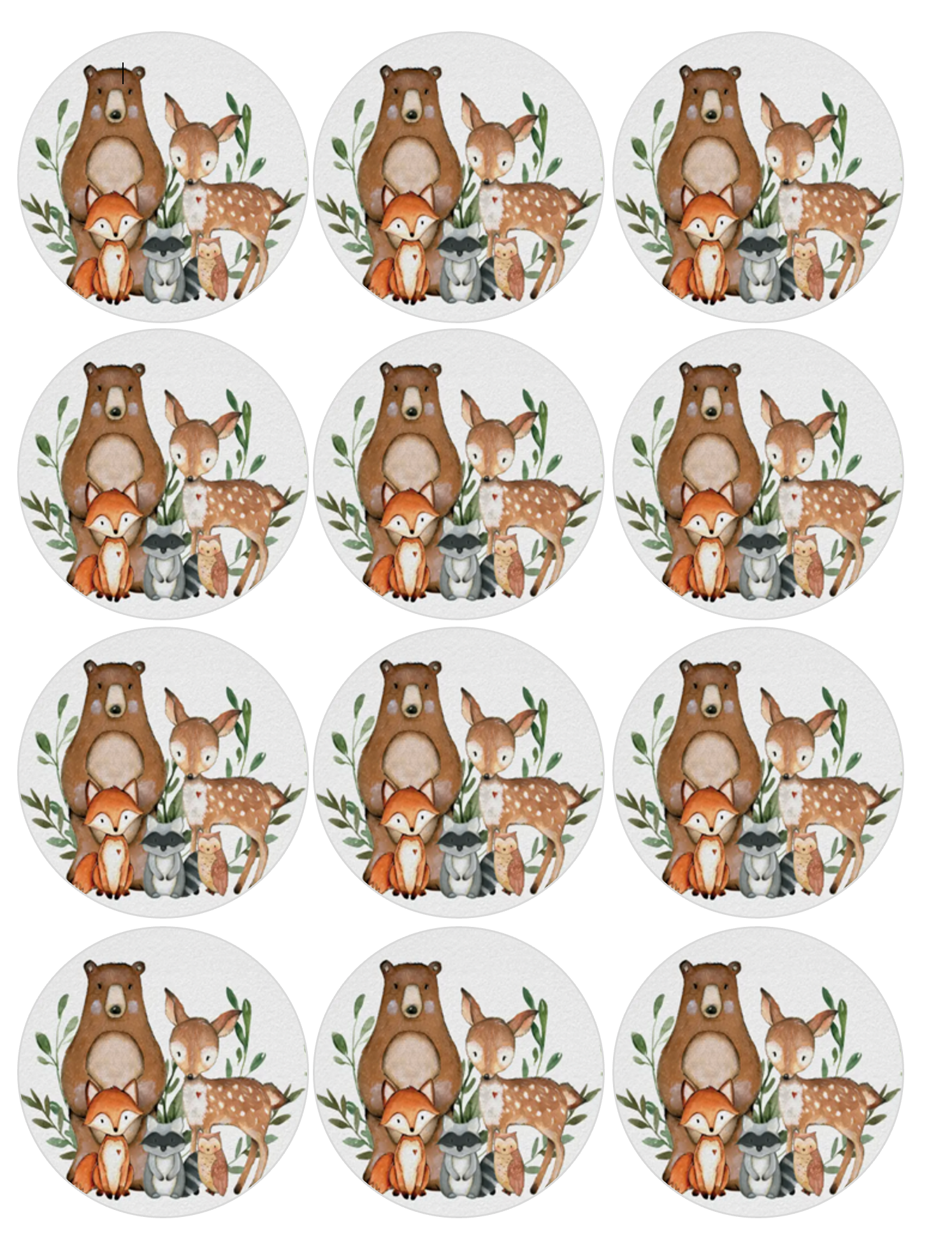 Set of 12 "Woodland Animals" pre cut edible image discs for desserts, drink toppers, choose your size