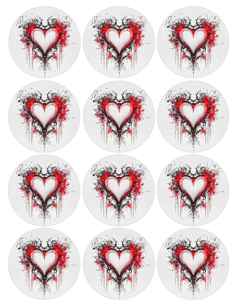 Set of 12 "Red Bleeding Heart" pre cut edible image discs for desserts, drink toppers, choose your size