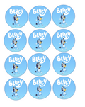 Set of 12 "Bluey" pre cut edible image discs for desserts, drink toppers, choose your size