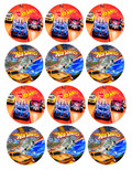 Set of 12 "Hot Wheels Cars" pre cut edible image discs for desserts, drink toppers, choose your size