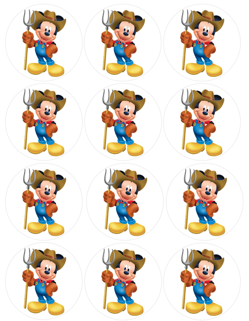 Set of 12 "Farmer Mickey Mouse" pre cut edible image discs for desserts, drink toppers, choose your size