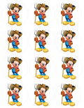 Set of 12 "Farmer Mickey Mouse" pre cut edible image discs for desserts, drink toppers, choose your size
