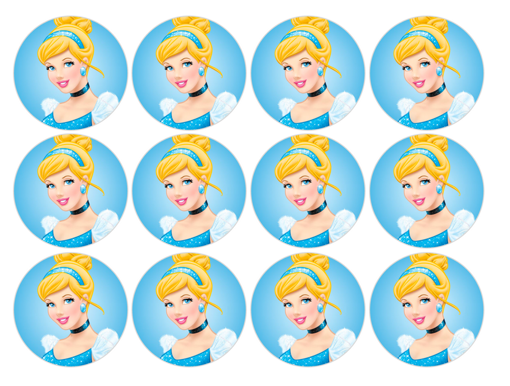 Set of 12 "Cinderella" pre cut edible image discs for desserts, drink toppers, choose your size