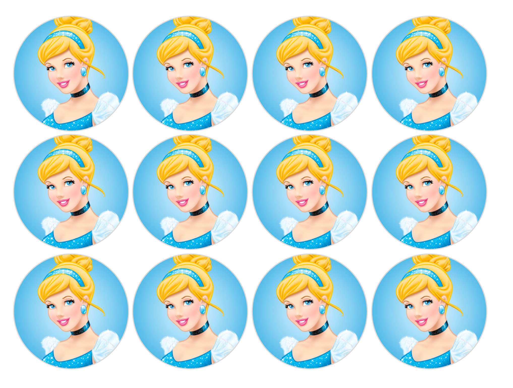 Set of 12 "Cinderella" pre cut edible image discs for desserts, drink toppers, choose your size