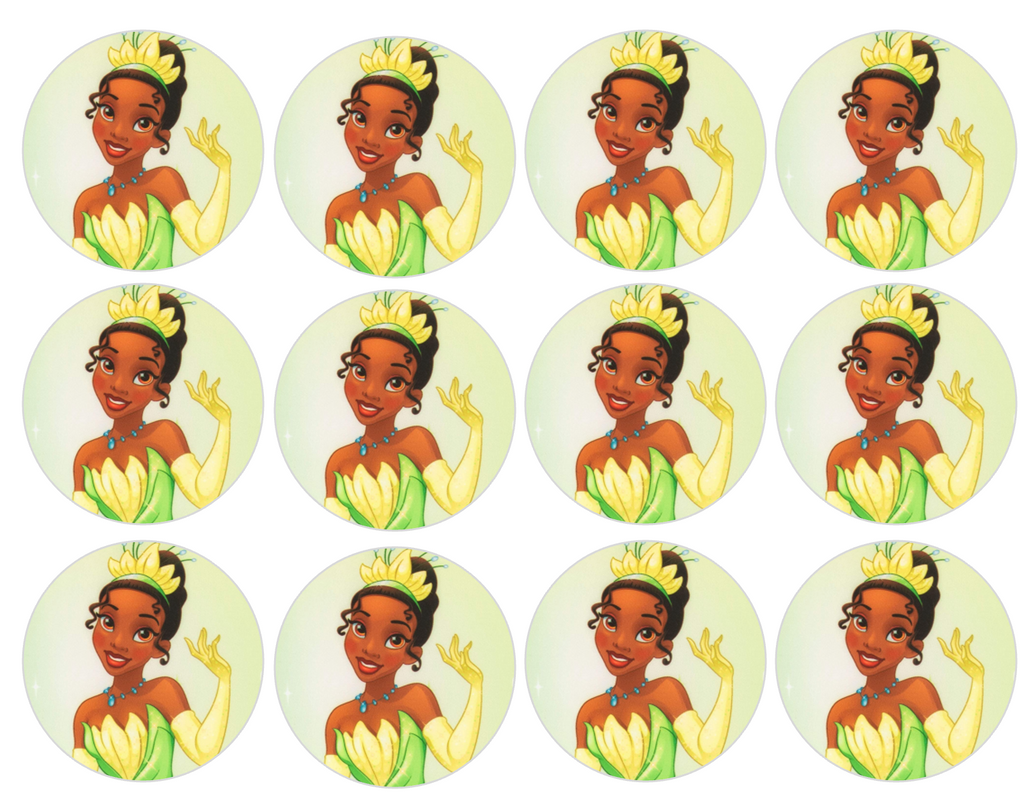 Set of 12 "Princess Tiana" pre cut edible image discs for desserts, drink toppers, choose your size