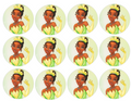 Set of 12 "Princess Tiana" pre cut edible image discs for desserts, drink toppers, choose your size