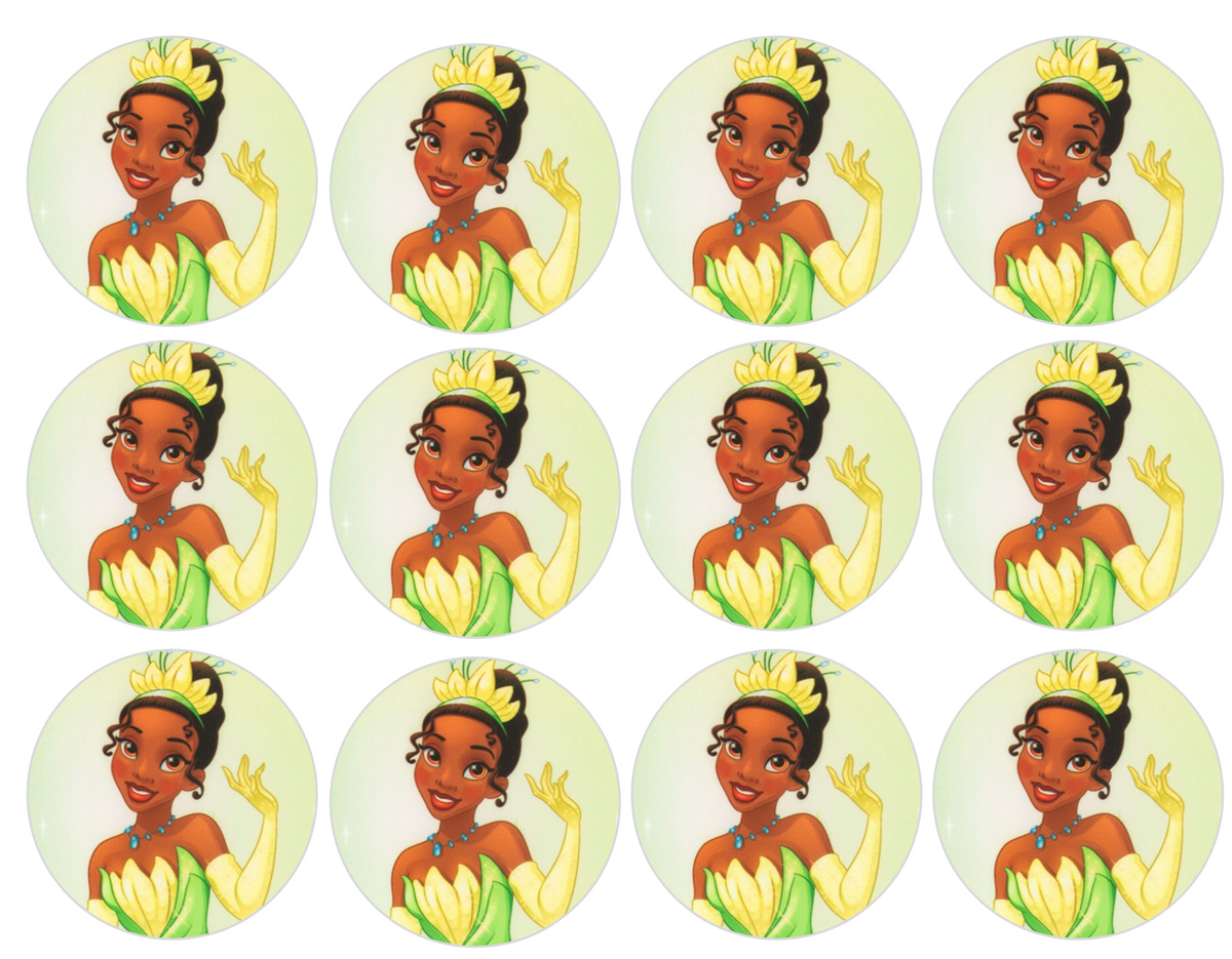Set of 12 "Princess Tiana" pre cut edible image discs for desserts, drink toppers, choose your size
