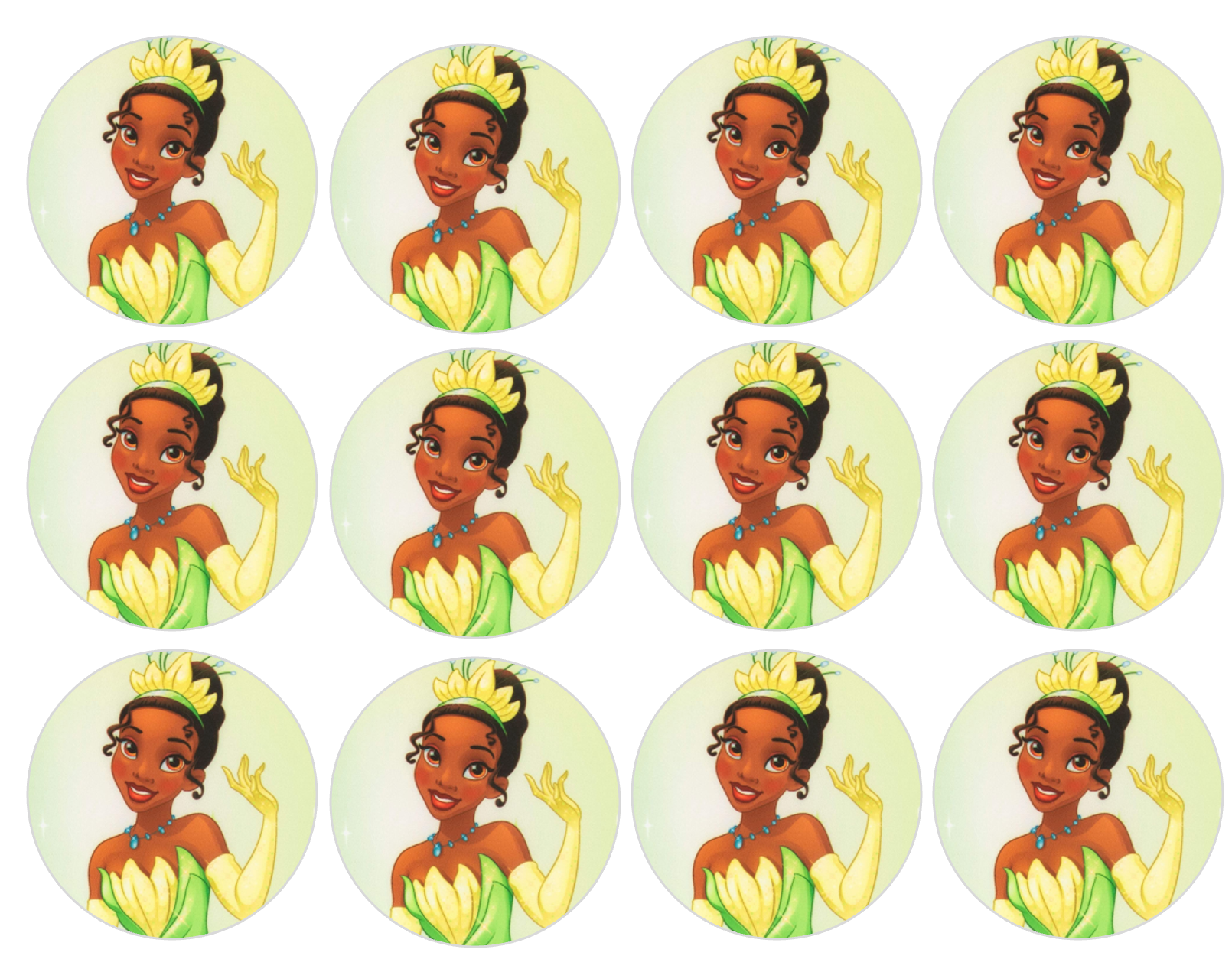 Set of 12 "Princess Tiana" pre cut edible image discs for desserts, drink toppers, choose your size