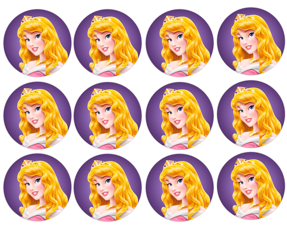 Set of 12 "Princess Aurora, Sleeping Beauty" pre cut edible image discs for desserts, drink toppers, choose your size