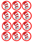 Set of 12 "The Cat in the Hat" pre cut edible image discs for desserts, drink toppers, choose your size