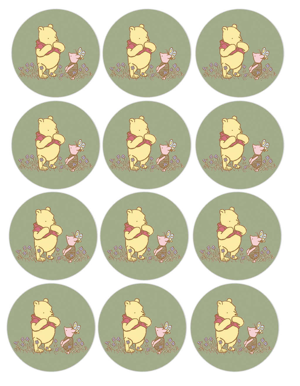 Set of 12 "Sage Green Classic Pooh" pre cut edible image discs for desserts, drink toppers, choose your size