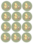 Set of 12 "Sage Green Classic Pooh" pre cut edible image discs for desserts, drink toppers, choose your size