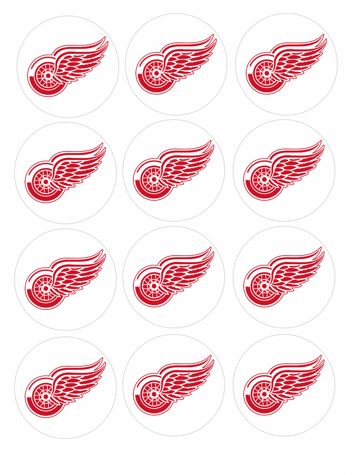 Set of 12 "Detroit Red Wings Hockey" pre cut edible image discs for desserts, drink toppers, choose your size