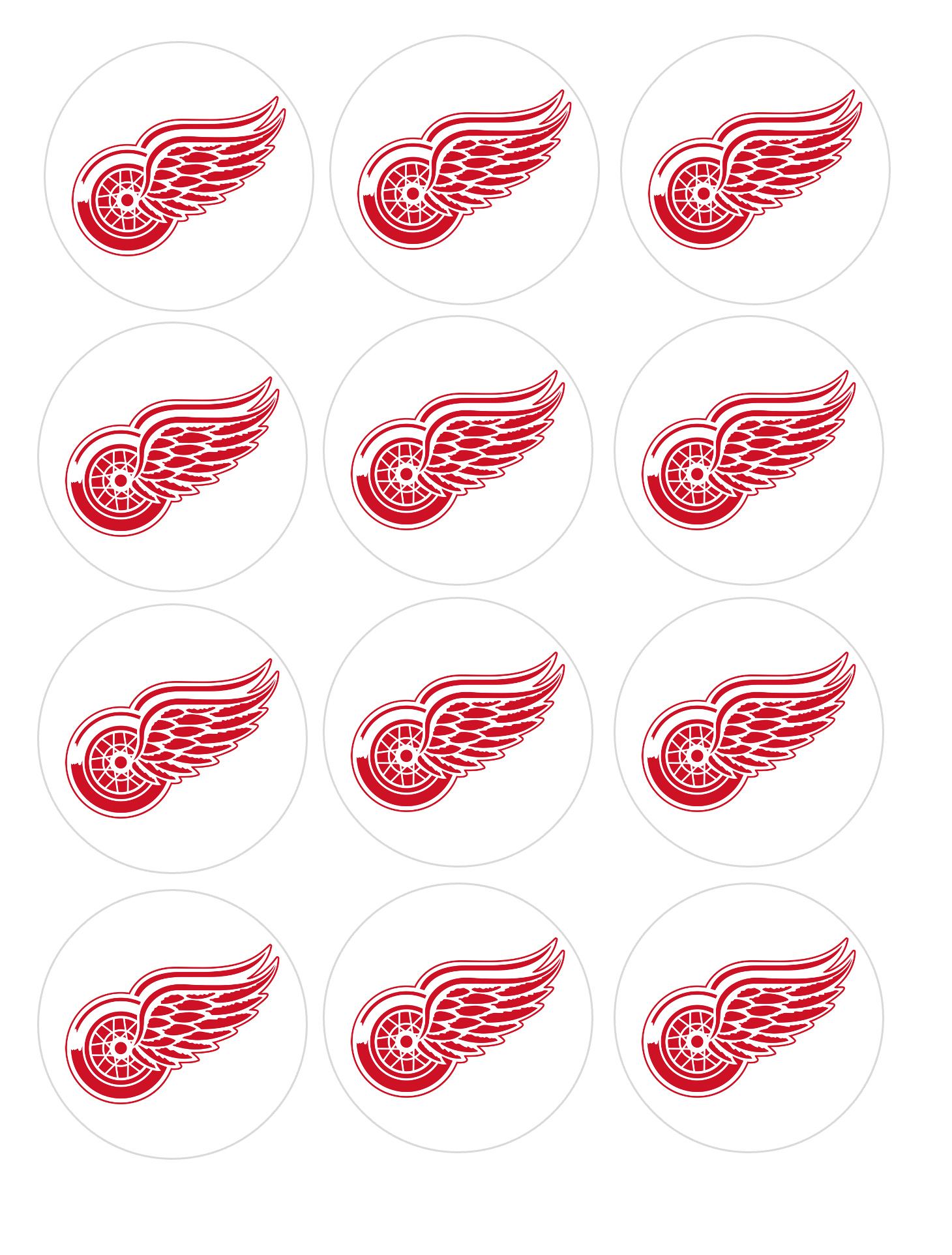 Set of 12 "Detroit Red Wings Hockey" pre cut edible image discs for desserts, drink toppers, choose your size