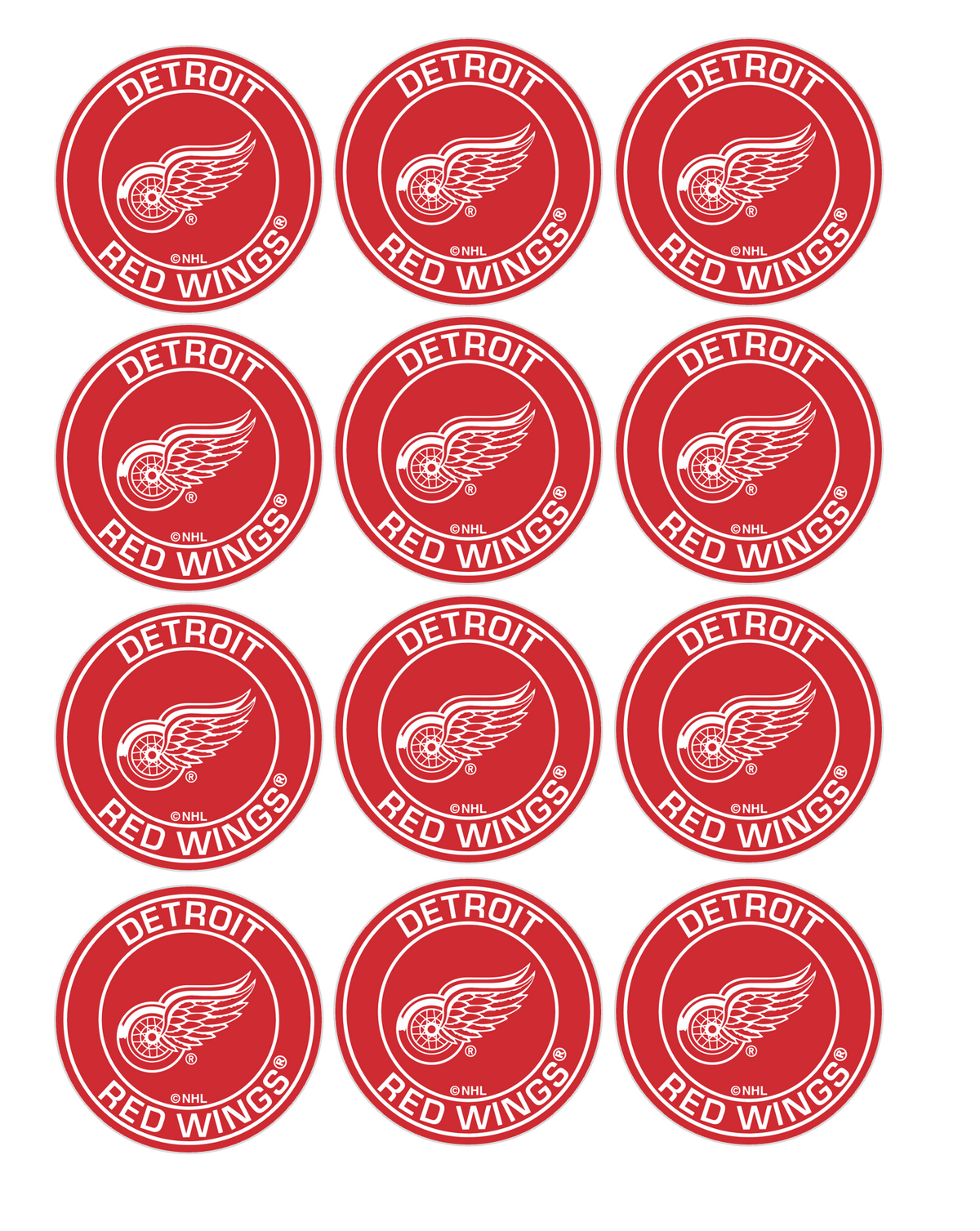 Set of 12 "Detroit Red Wings Hockey" pre cut edible image discs for desserts, drink toppers, choose your size