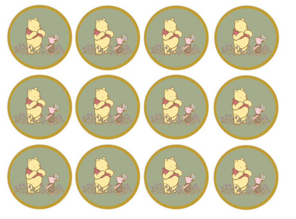 Set of 12 "Sage Green Classic Pooh with gold border" pre cut edible image discs for desserts, drink toppers, choose your size