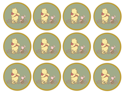 Set of 12 "Sage Green Classic Pooh with gold border" pre cut edible image discs for desserts, drink toppers, choose your size