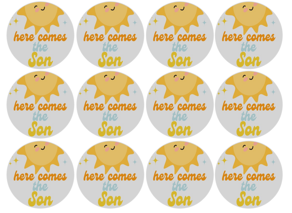 Set of 12 "Here Comes the Son, Baby Shower" pre cut edible image discs for desserts, drink toppers, choose your size